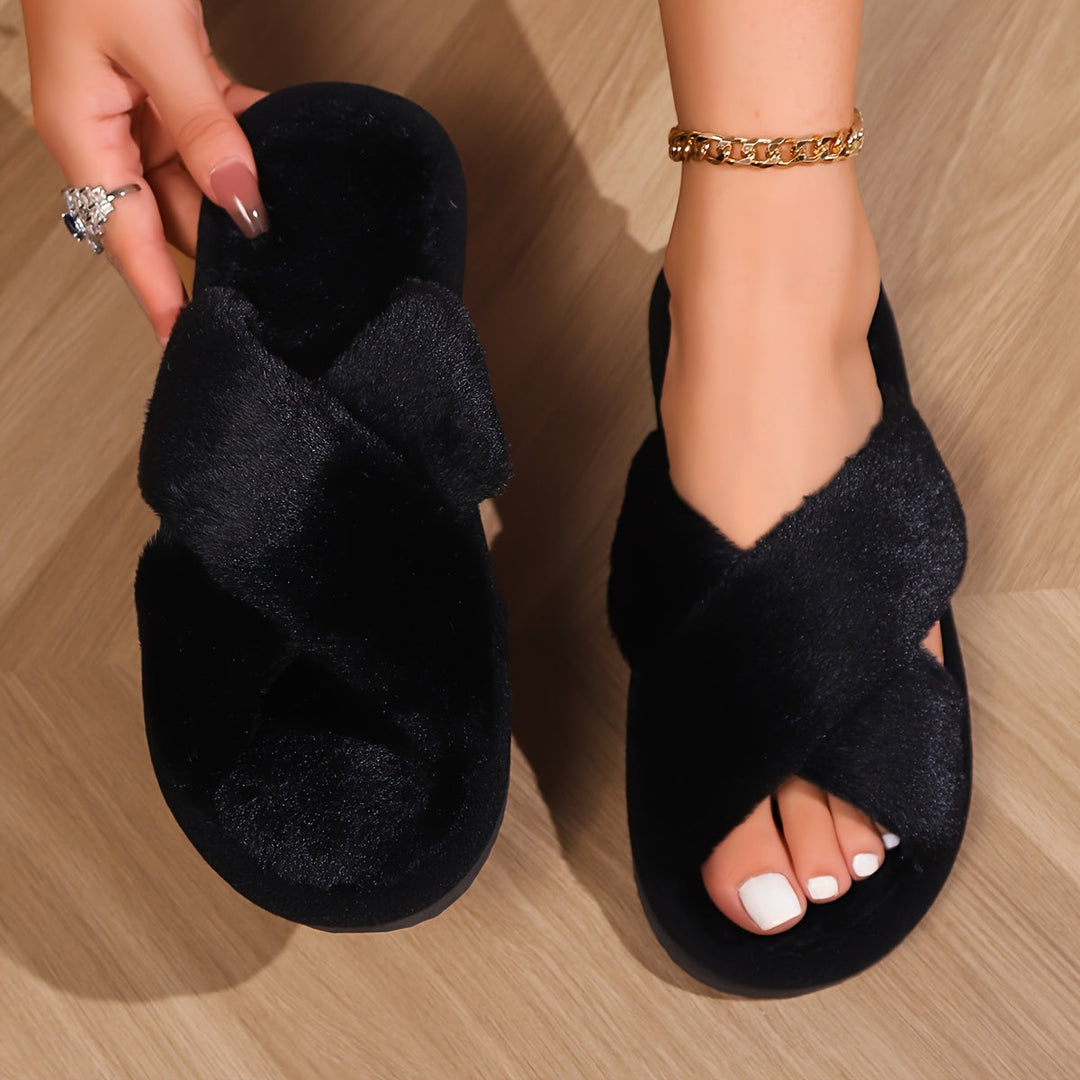 Helga | Stilfulde Pelsede Cross-Strap Hjemmesko