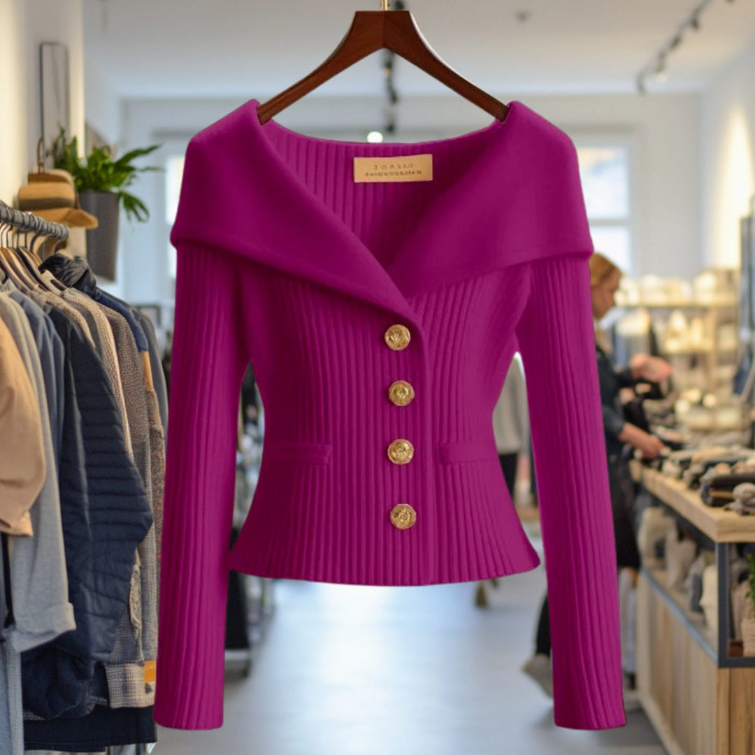 Amelie | Damens Strikjakke Off-Shoulder figursyet Ribstrik Guldknapper