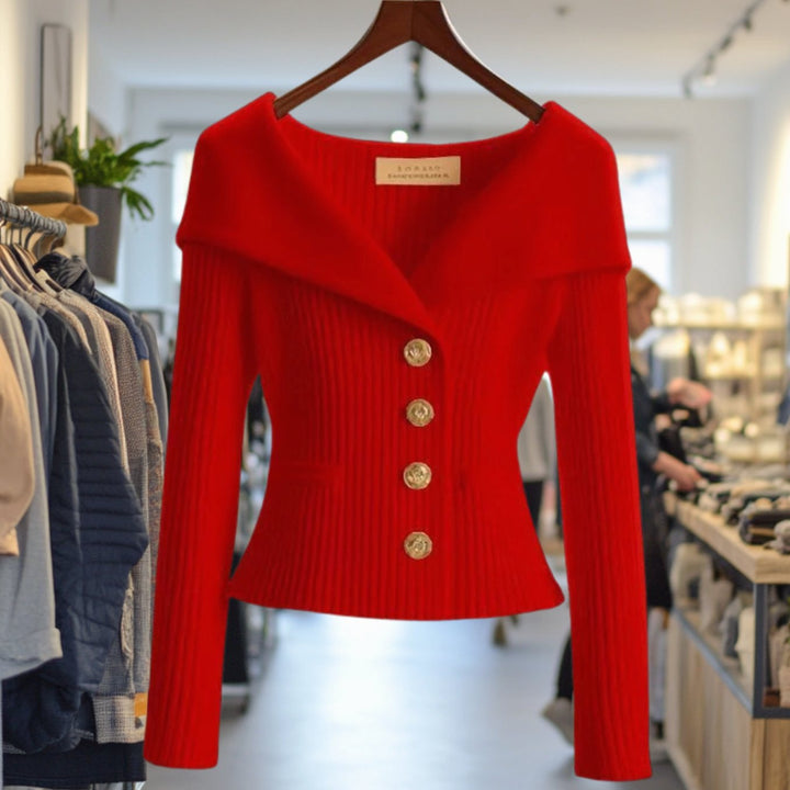 Amelie | Damens Strikjakke Off-Shoulder figursyet Ribstrik Guldknapper