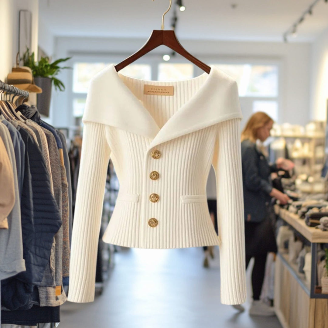 Amelie | Damens Strikjakke Off-Shoulder figursyet Ribstrik Guldknapper