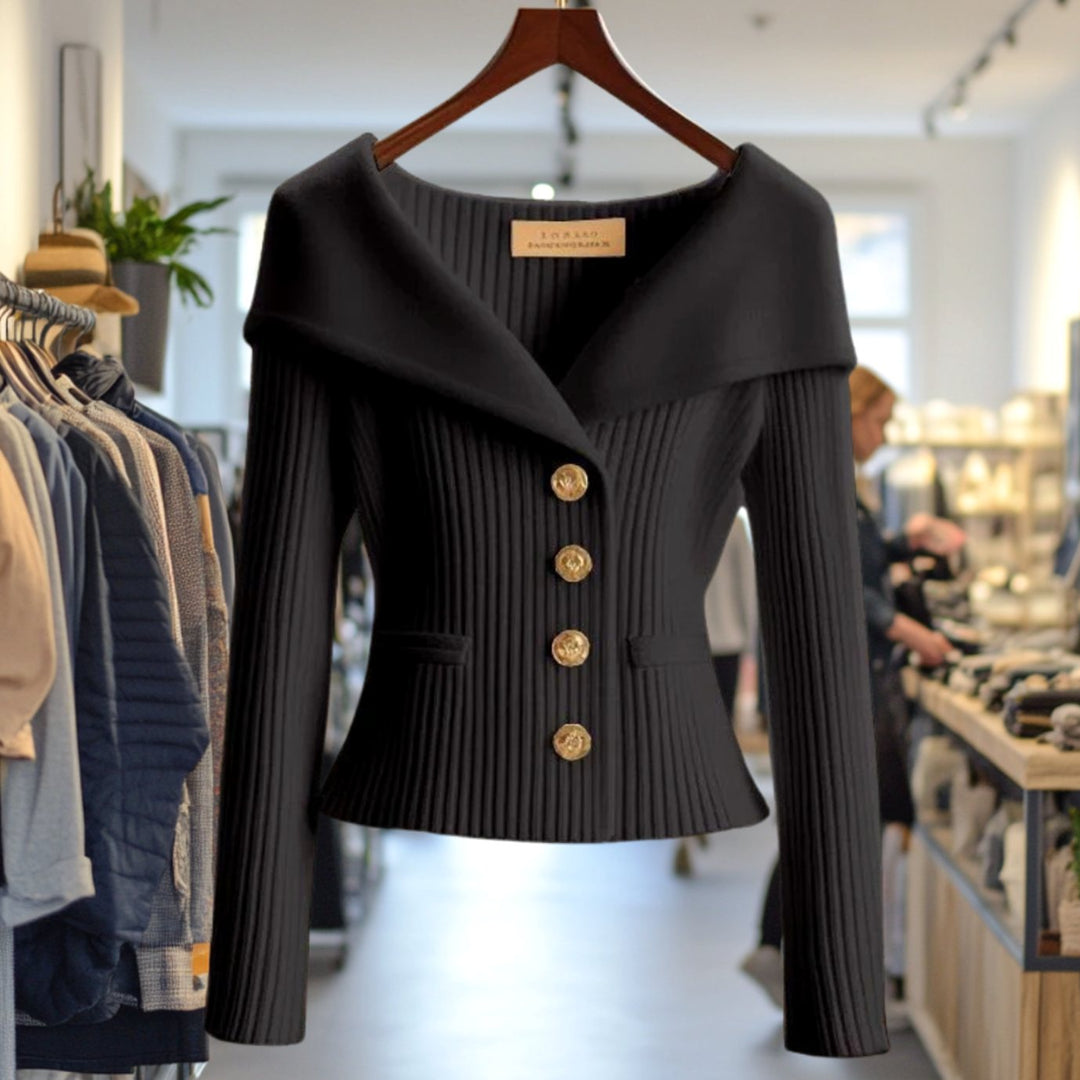 Amelie | Damens Strikjakke Off-Shoulder figursyet Ribstrik Guldknapper
