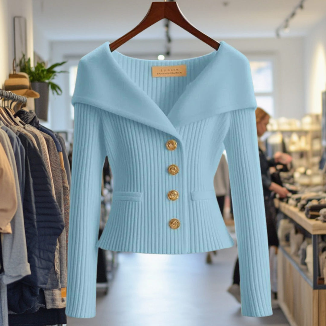 Amelie | Damens Strikjakke Off-Shoulder figursyet Ribstrik Guldknapper