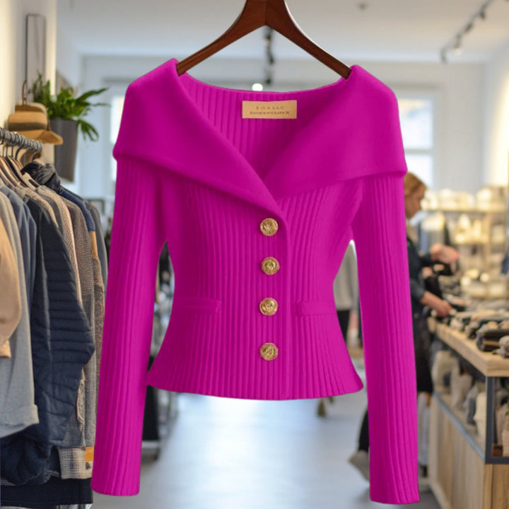 Amelie | Damens Strikjakke Off-Shoulder figursyet Ribstrik Guldknapper