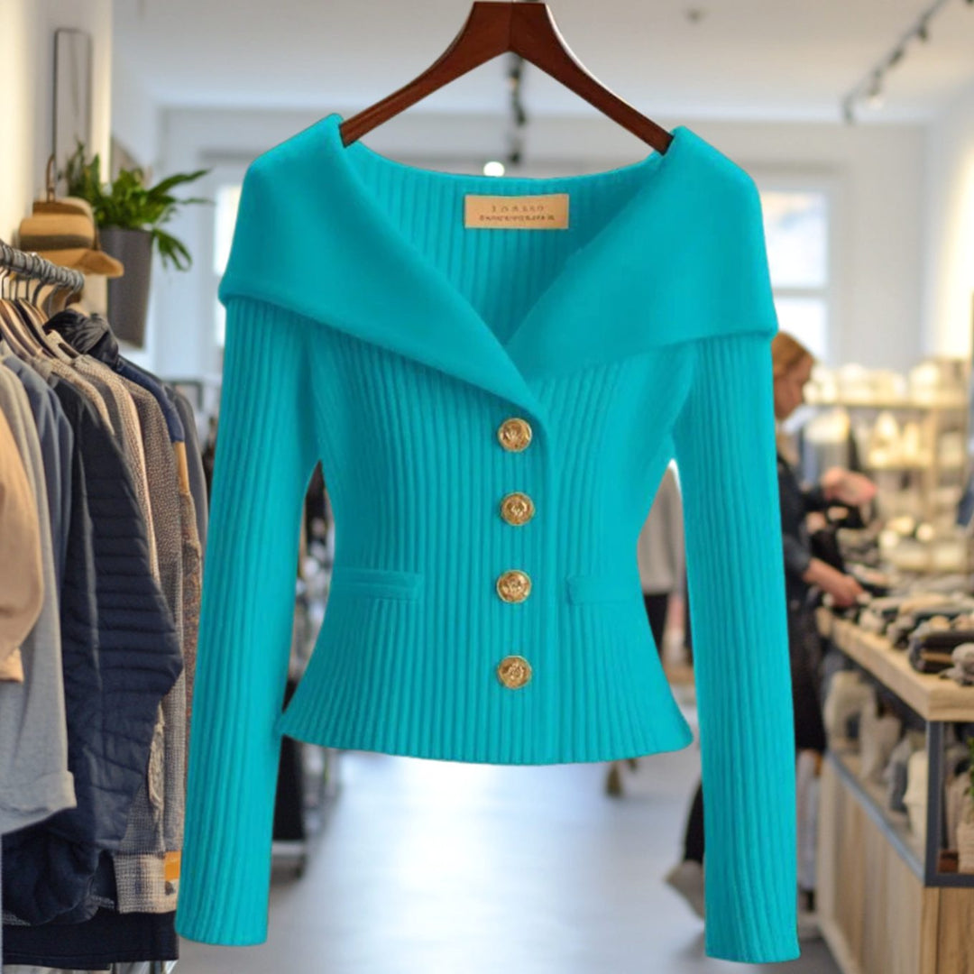 Amelie | Damens Strikjakke Off-Shoulder figursyet Ribstrik Guldknapper