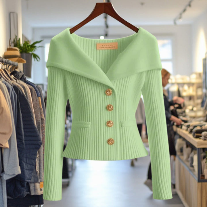Amelie | Damens Strikjakke Off-Shoulder figursyet Ribstrik Guldknapper