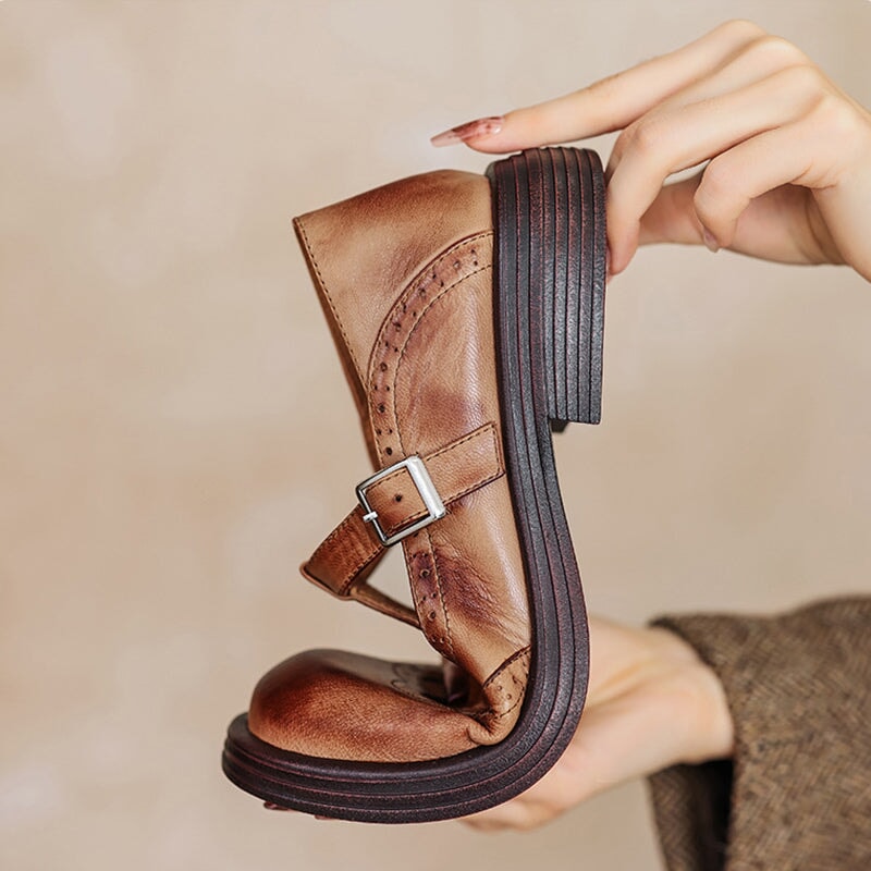 Elsbeth – Vintage læder T‑bar balletsko