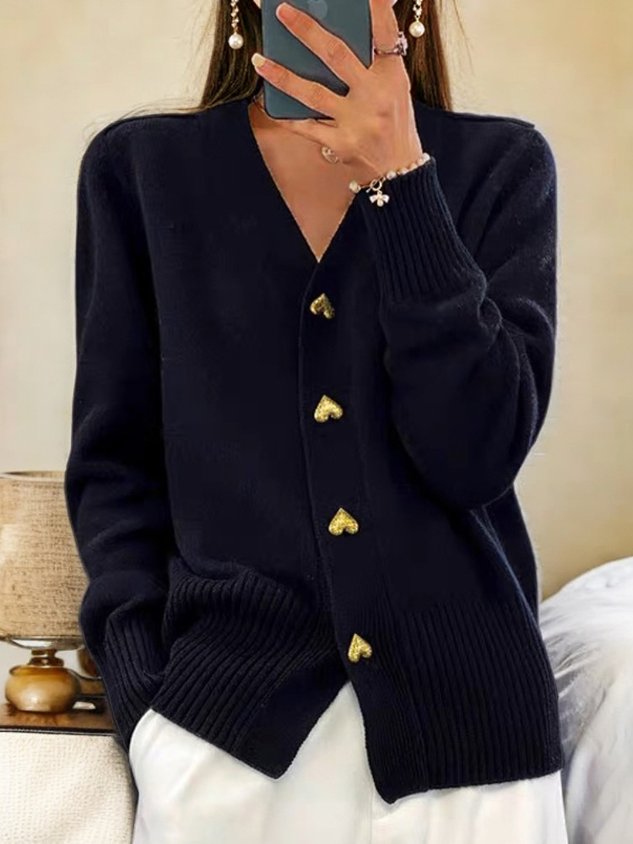 Alma™ – Sort cardigan med gyldne hjerteknapper